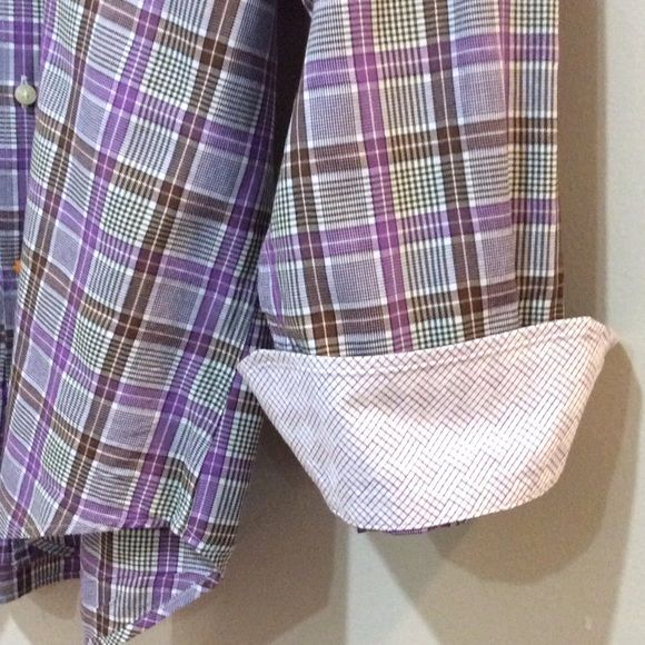 Thomas Dean Purple Plaid Shirt Button Front Long Sleeve Sz Med Contrast Cuffs - Picture 3 of 4
